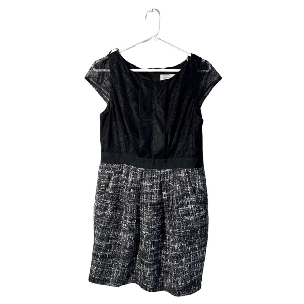 Jessica Simpson Short Sleeve Black Lace Bodice Tweed Skirt Dress w/Pockets sz10